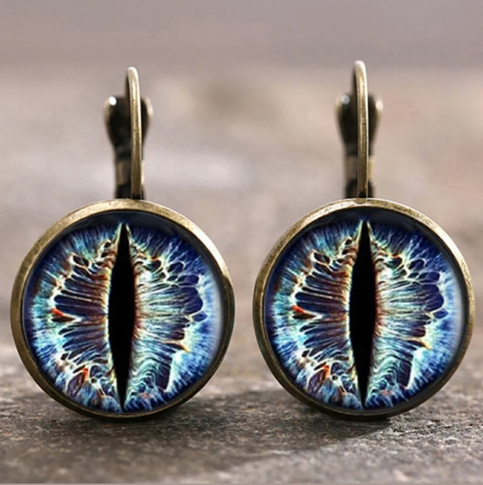 New Blue Dragon Eyes Glass Cabochon Bronze Earrings.